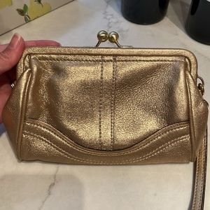 COACH Metallic Gold Leather Wristlet with Kiss Lock Frame